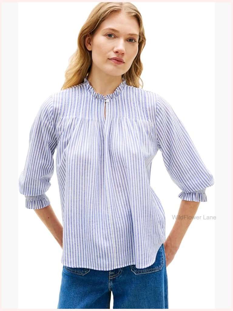 Lightweight 3/4 Sleeve Cotton Blouse - Keyhole Neck, Striped, Frill Cuffs